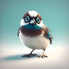 Funny bird with blue eyes on a blue background. 3d render