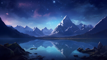 mountain landscape with beautiful starry night sky and mountains 