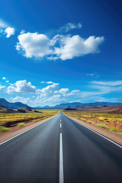 Road in the desert with blue sky and white clouds, USA. created by generative AI technology.