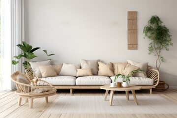 Wooden Scandinavian style living room with a mock up wall as boho interior background, rendered in 3D.