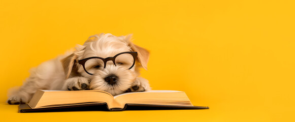 Cute dog in glasses fell asleep on a book close-up on a yellow background. Banner, copyspace