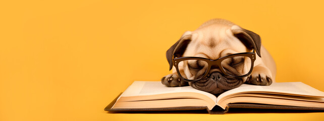 Cute dog in glasses fell asleep on a book close-up on a yellow background. Banner, copyspace