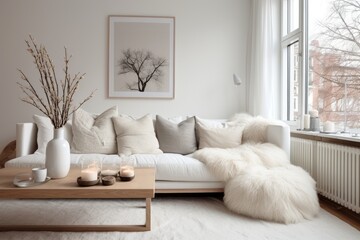 Fototapeta na wymiar a Scandinavian interior design with a white sofa in the living room.