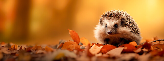 A cute hedgehog sits in autumn leaves against the backdrop of a beautiful autumn landscape. Banner, place for text