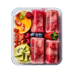 Frozen fruit popsicles in a lunchbox top view isolated on transparent background. Generative AI