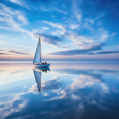 Sailing boat in the sea at sunset with reflection in water. created by generative AI technology.