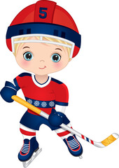 Little Boy Playing Hockey. Vector Hockey Player