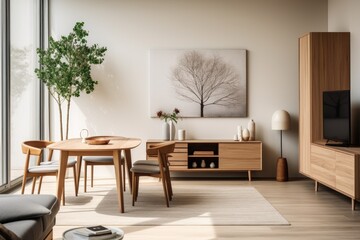 Studio apartment or condo decorated in modern Scandinavian furniture with wooden table and chair in Japandi style.