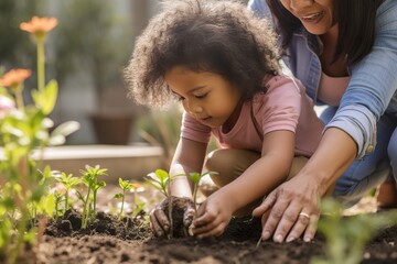 Mother and daughter planting flowers into soil in house backyard