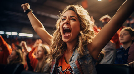 A shot of a female fan pumping her fists in the air with an exultant expression, encapsulating her excitement and pride, hockey fan, victory Generative AI