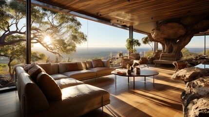 Fototapeta premium a living room filled with furniture and a large window overlooking a valley. generative ai