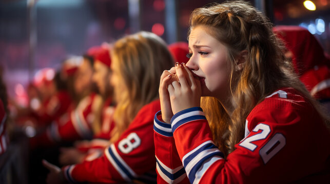 A close-up of a female fan wiping away tears of happiness as she watches her team celebrate their hard-earned victory, hockey fan, victory Generative AI