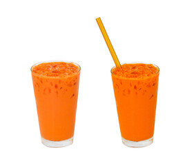 Iced milk tea color orange with crushed ice in glass on tall shape fragrant sweet with straw isolated on cut out PNG. Refreshing drink in tropical. Old-fashioned tea, popular in Thailand.