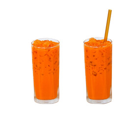  Iced milk tea color orange with crushed ice in glass on tall square shape fragrant sweet with straw isolated on cut out PNG. Refreshing drink in tropical. Old-fashioned tea, popular in Thailand.