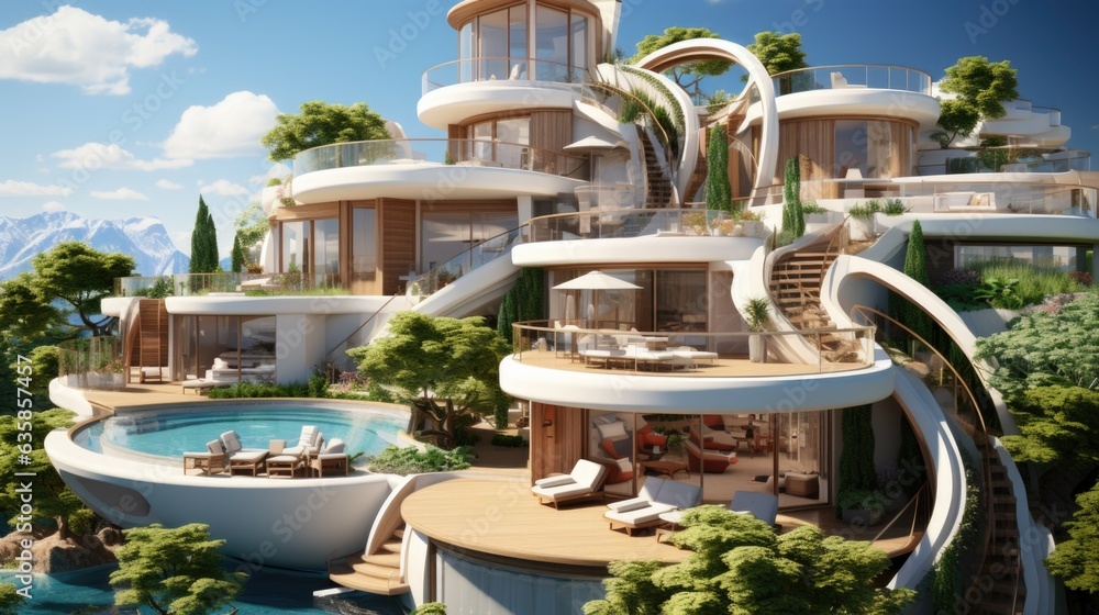 Aufkleber a house with a spiral staircase going up to a pool. generative ai image.