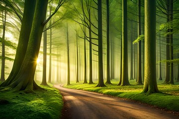 Panorama of a scenic forest of fresh green trees