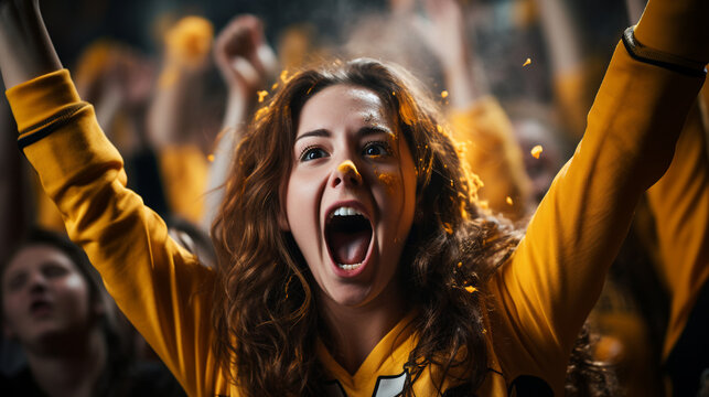 A close-up of a female hockey fan jumping with arms raised in elation, celebrating her team's victorious win, hockey fan, victory Generative AI