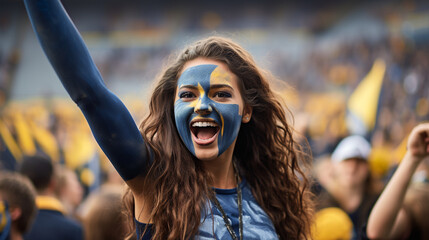 A portrait of a female fan wearing team-colored face paint and holding a sign that reads "We Did It!", Football fan, victory Generative AI