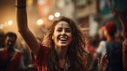 A shot of a female fan sharing high-fives and hugs with fellow supporters, creating a sense of unity and shared joy after the win, Football fan, victory Generative AI