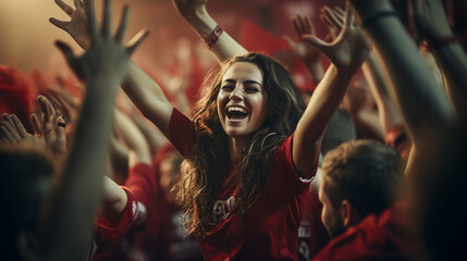 Fototapeta na wymiar A shot of a female fan sharing high-fives and hugs with fellow supporters, creating a sense of unity and shared joy after the win, Football fan, victory Generative AI