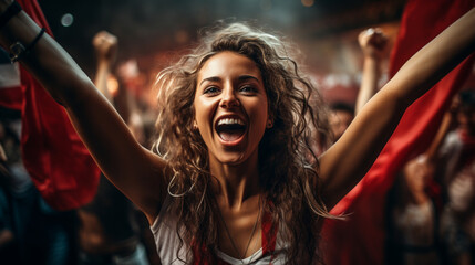 A portrait of a female fan with her arms outstretched, celebrating her team's win with an ear-to-ear smile, Football fan, victory Generative AI