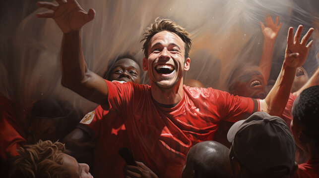 A close-up of a footballer with a beaming smile, arms spread wide in celebration as they are embraced by teammates, Football, victory Generative AI