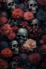 Florals Rise from the Abyss in 3 Dimensional Splendor - Skull Foundations in a Hyperrealistic Journey of Gothcore and Floralpunk Styles - Skulls Flowers Wallpaper created with Generative AI Technology