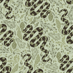 Seamless pattern snakes, plants. Boho background