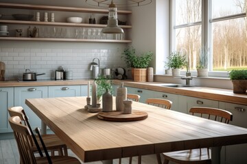 Scandinavian style kitchen with a wooden table top and blurred background.