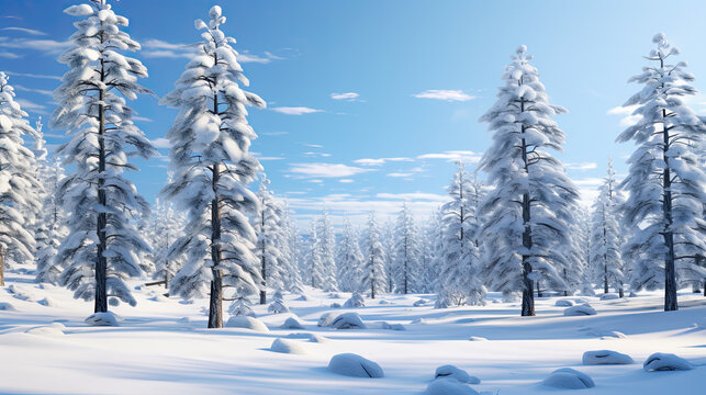 Serene snow-draped pines create a tranquil Christmas forest, inviting you into a world of winter wonder