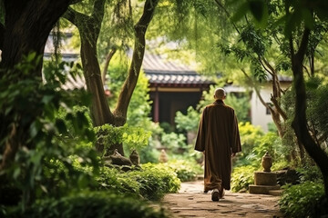 Fototapeta premium Old Chinese monk walking gracefully in a serene garden, surrounded by nature, old Chinese monk Generative AI