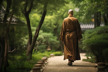 Old Chinese monk walking gracefully in a serene garden, surrounded by nature, old Chinese monk Generative AI