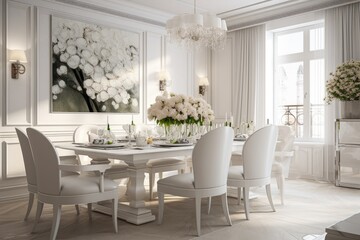 White dining room interior with decor.