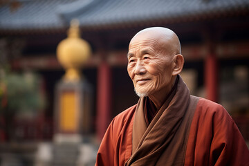 Serene portrait of an old Chinese monk against a temple backdrop, old Chinese monk  