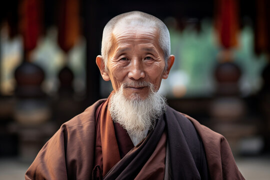 Serene portrait of an old Chinese monk against a temple backdrop, old Chinese monk  