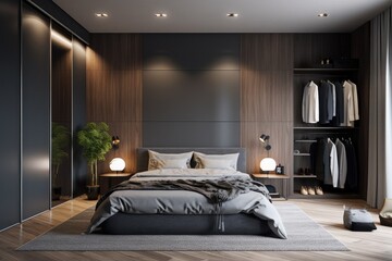 contemporary bedroom with gray and dark wooden walls, wooden floor, master bed, two round bedside tables with lamps, and wardrobe with clothes.