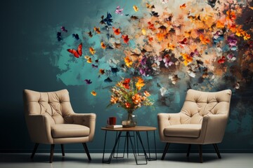 Empty chair and sofa iin front of small table in office of psychologist
