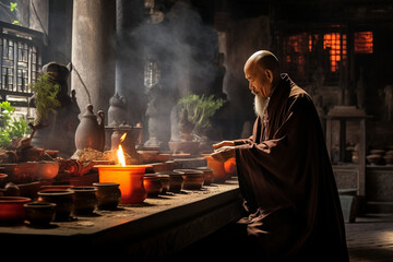 Ancient temple scene, old Chinese monk tending to incense offerings, old Chinese monk  