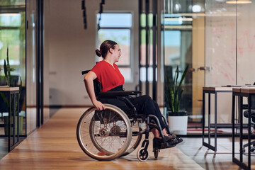 Obraz na płótnie Canvas A modern young businesswoman in a wheelchair is surrounded by an inclusive workspace with glass-walled offices, embodying determination and innovation in the business world