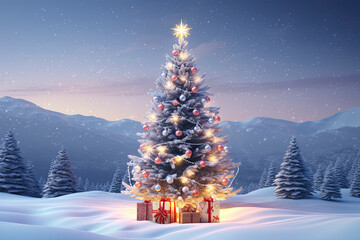 Image generated with AI. Christmas fir tree in snowy winter landscape