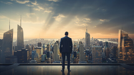 Fototapeta na wymiar An image of a man in a suit standing near a cityscape backdrop, symbolizing the urban hustle and success in the corporate world, wide banner with copy space area Generative AI