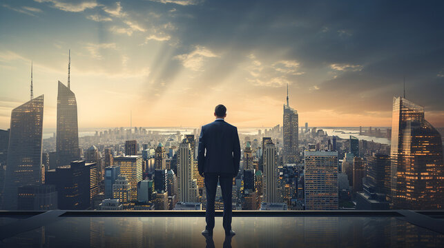 An image of a man in a suit standing near a cityscape backdrop, symbolizing the urban hustle and success in the corporate world, wide banner with copy space area Generative AI