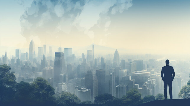 An image of a man in a suit standing near a cityscape backdrop, symbolizing the urban hustle and success in the corporate world, wide banner with copy space area Generative AI
