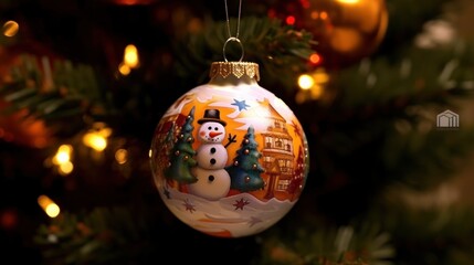 Christmas tree decoration with bokeh lights and snowman on it.  Christmas decoration on Christmas tree with bokeh background. Christmas and New Year concept.
