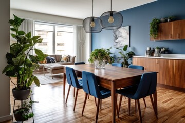 Trendy studio apartment dining area with wooden table top and blue fabric chairs. .