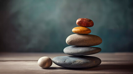 Yoga, meditation. Pyramid of  flat stones lying on top of each other. Macro shooting. Shallow depth of field. Generative AI technology.