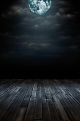 halloween dark night scene with full moon and wood stage for product placement mockup