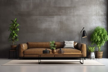 a living room interior with a leather sofa, wooden table, plant, TV, and concrete wall.