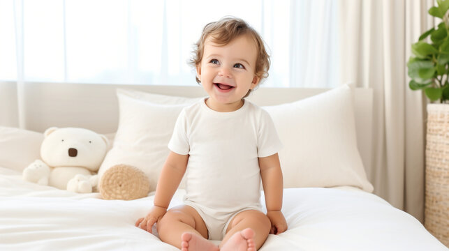 A delightful scene portrays a baby's playfulness, with a white shirt bodysuit mockup worn by the little one, set against a serene white bed background
