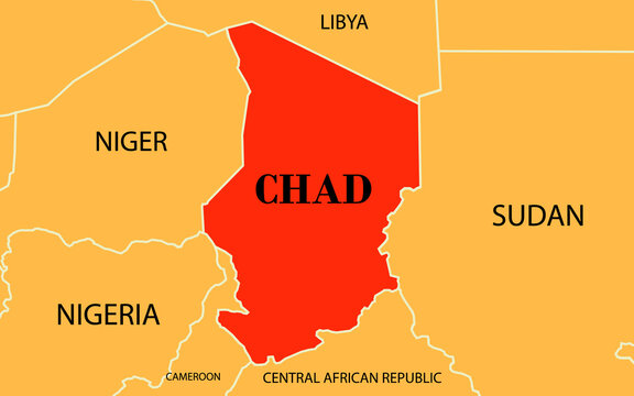 Chad map. Map with neighboring states and name. Red and orange color illustration.